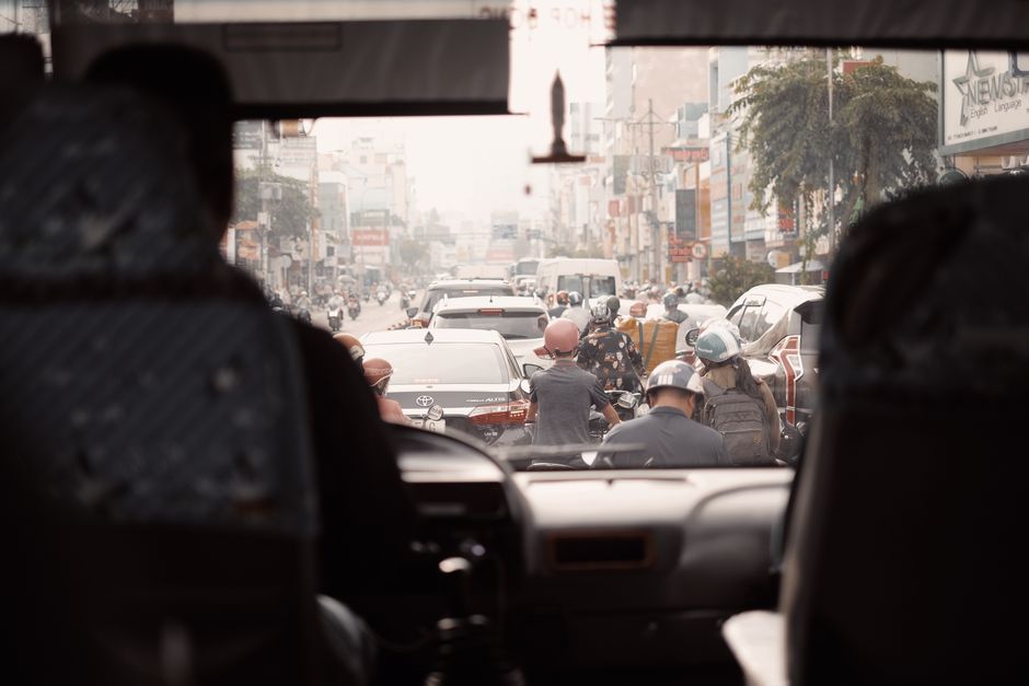 dashcam footage of busy street with vehicles
