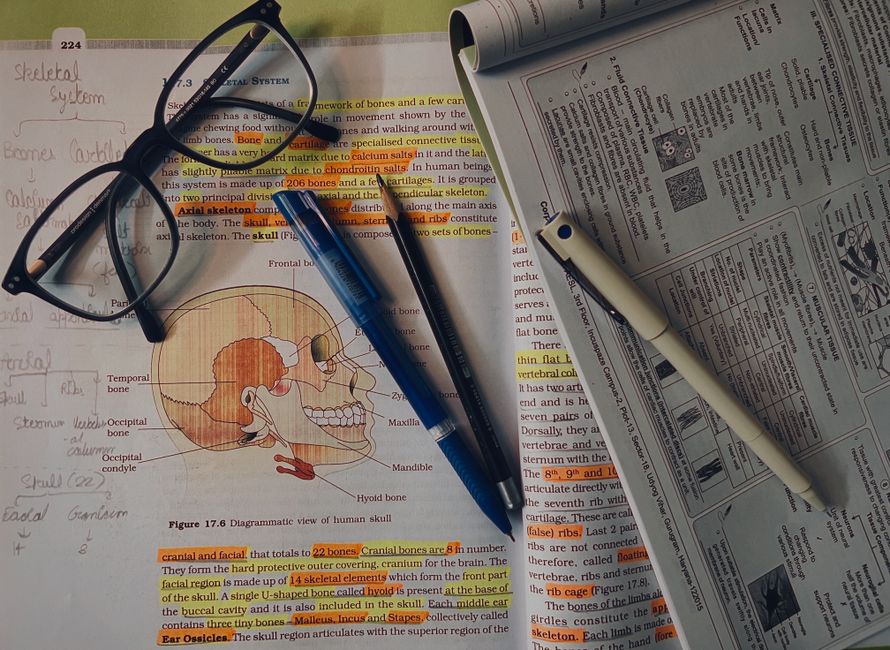 open textbook with diagrams on desk