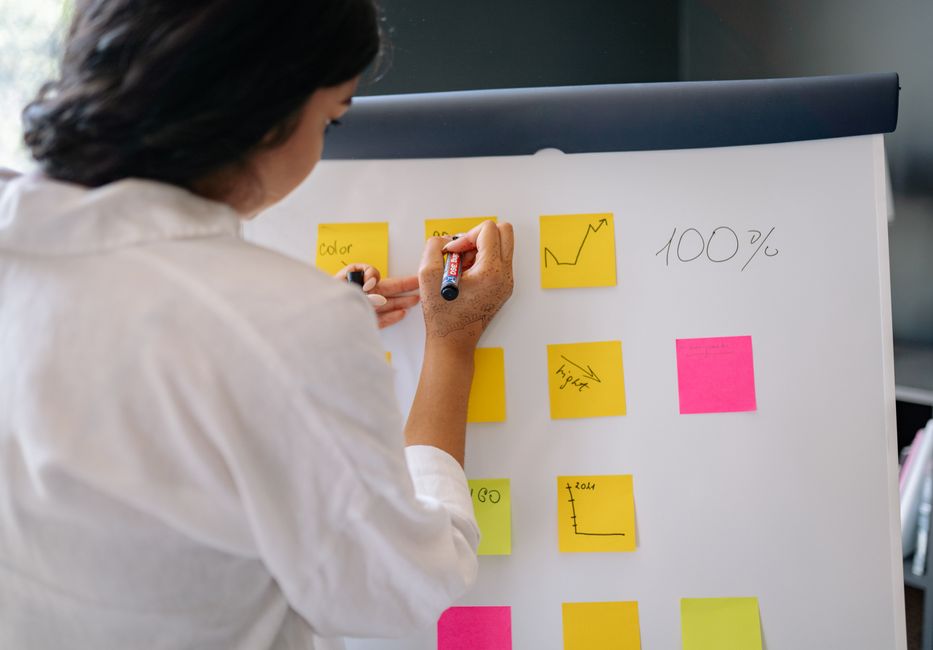 office whiteboard with charts and sticky notes