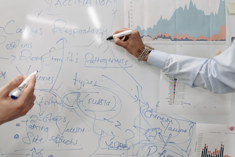 whiteboard with data flow diagram
