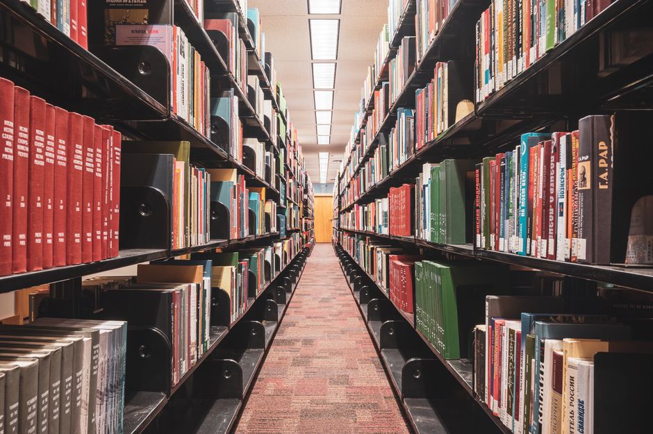 library bookshelves rows